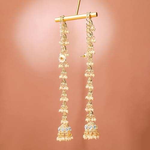 Rubans 18K Gold-Plated White Kundan & Glossy Pearl Beaded Long Jhumka Earring Extension for Women – Ideal for Bridal & Festive Styling 5