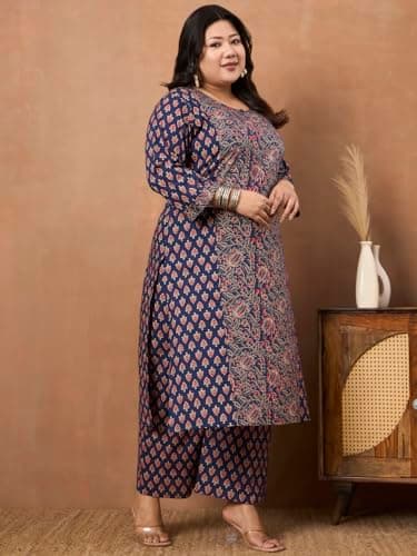 Tissu Plus Size Women's Dark Blue Floral Printed Kurta Palazzo Set (Plus-806_Dark Blue_7XL) 2