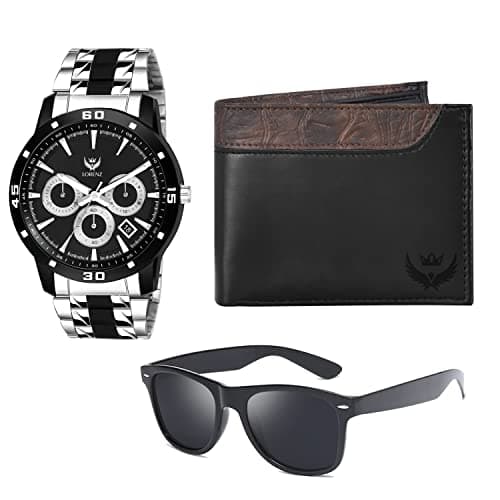 LORENZ Gift Combo Set for Men | Stylish Steel Analog Watch, PU Leather Wallet & UV Sunglasses | Gift Box for Birthday, Anniversary, Corporate Gifting