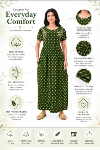 Cotton Nighty for Women | Stylish Maxi Length Night Gown | Soft & Comfortable Nightwear with Pocket | Available in L to 3XL (Olive Floral, XL) 3