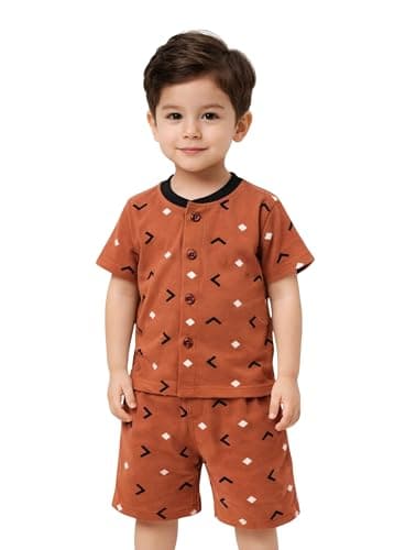 3BROS Baby Boys & Baby Girls Cotton Hosiery Clothing Set Half Sleeves T-shirt with Matching Pants (DB20HS6027_Parent) (Brown, 6-12 Months)