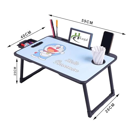DIVIJA STORE Foldable Wooden Mini Laptop Table for Bed, Study Table with Drawer, Tablet/Mobile Holder for Kids & Adults (doremon), 59 cm, 8 cm 2
