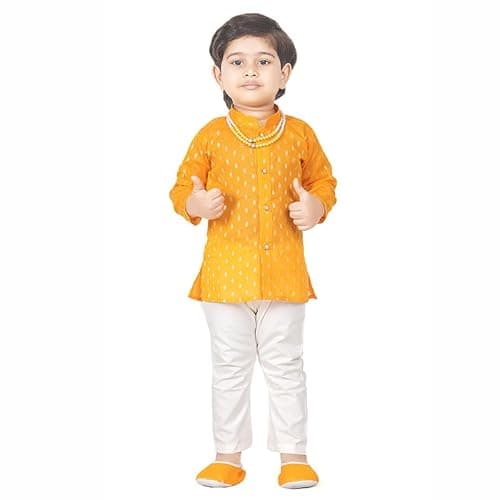 Earth Conscious Boys Kurta & Pyjama Gift Set | Yellow Full Sleeves Kurta with Pyjama | Premium Combo with Juti & Mala | Cotton Ethnic Wear Cothes for Kids | New Born Baby Dress 6-12 Months