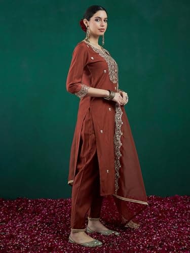 INDO ERA Women's Rayon Viscose Embroidered Straight Kurta & Pant with Dupatta Set (Rust_KH1RT9579_Large) 3