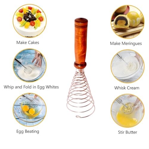 Wooden Handle Egg Beater Whisk | Stainless Steel Spring Coil Hand Blender | Manual Kitchen Whisk Mixer for Eggs, Coffee, Milk, Batter & Cream | Easy Grip Handle | Rust Resistant 2