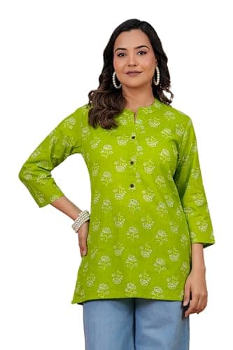 BLOCKS OF INDIA Short Kurti | Fluorescent Green Color | Women Casual Wear Outfit | Lightweight Fabric Comfortable Fit Stylish Design Summer Friendly Breathable Material Modern Look XL