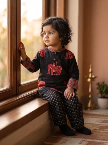Koshberry Girls Black Elephant Print Co-Ord Set Kurta & Pants - 2-3 Years 2