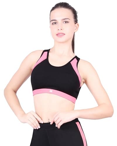 LACTRA Women's Sports Bra | Contrast Panel T-Back Sports Bra | Removable Padded Activewear Bra for Gym, Yoga, Running & Workout Black