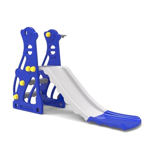 Amazon Brand - Solimo Penguin Slide for Kids 2–5 Years | Indoor & Outdoor | Basketball Hoop & Ball | Anti-Slip Steps | Wide Platform | Max Load 20kg | Blue & White