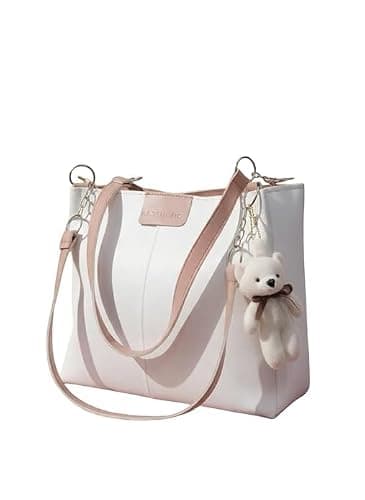 FAIZON Luxury Women’s Shoulder Handbag | Elegant PU Leather Tote with Chain Strap | Stylish Daily Use Purse for Office, College & Casual Outings (White/Peach)