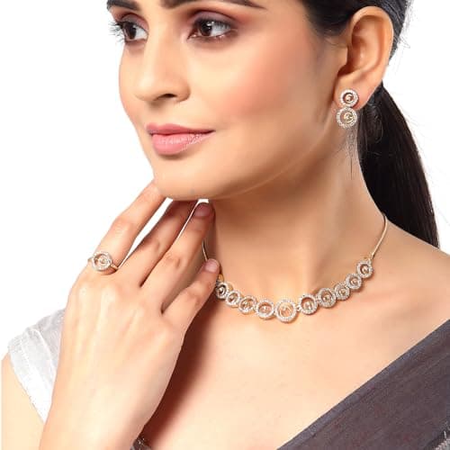 ZENEME Fashion Cubic Zirconia Gold Plated Choker Necklace Set Ring Bracelet With Earring Jewellery For Women Pack Of 4 (Gold) 3