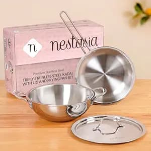 Nestasia Triply Stainless Steel 3 Pc Cookware Set - Fry Pan (22cm/1.5L) & Kadai with Lid (24cm/3L) | 100% Food Safe, Even Heating, Induction & Gas Stove Friendly, Dishwasher Safe