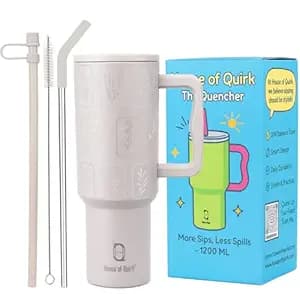 House of Quirk 1200ML Stainless Steel Tumbler with Handle & Lid, 2 Straws – Large Travel Mug Water Cup for Gym, Office & Outdoor Use (Oat Flora)