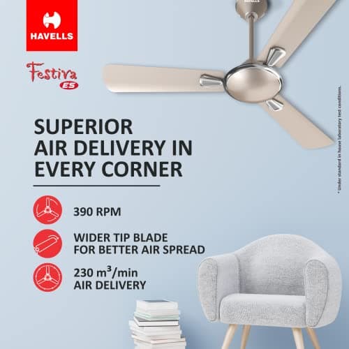 Havells 1200mm Festiva ES Ceiling Fan| Premium Finish| Energy Saving| Designer Fan for Home Decor| Elegant Looks| 230 m³/min Air Delivery| Hi-Speed Low Noise| 100% Copper Motor (Pack of 1, Gold Mist) 3