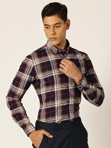 Thomas Scott Men 100% Cotton Full Sleeves Checkered Formal Shirt (Navyblue, L) 3