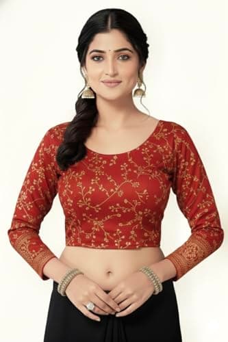 SCUBE DESIGNS Women's Shimmer Crop Top Blouse with Round Neck, Short Sleeves, Streachable Readymade Blouse Choli