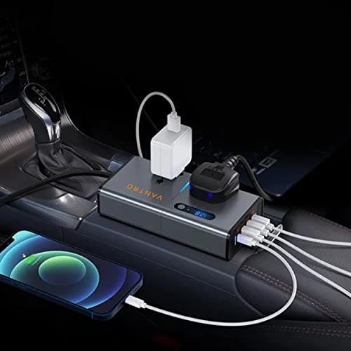 Vantro 200W Car Power Inverter/Laptop Charger with 3 USB (6.2A Max) & 1 C Type(1 * 27WPD) Smart USB Ports, 2 AC Universal Outlets and 12V DC to 220V AC with QC3.0 Model P2 4
