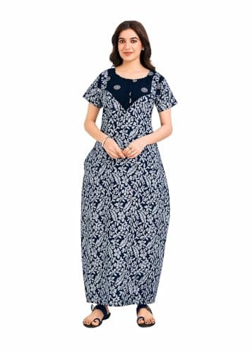Cotton Nighty for Women | Stylish Maxi Length Night Gown | Soft & Comfortable Nightwear with Pocket | Available in L to 3XL (Blue with White Leaf, XL)