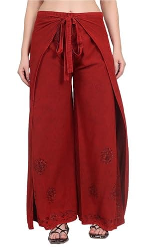 Fashion Passion India Womens Split Wide Leg Long Embroidered Rayon Wrap Mid Rise Palazzo Pant, Free Size