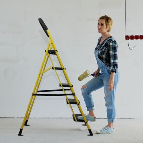 BonKaso Mild Steel Multipurpose Climb Swift 5-Step Foldable Ladder with Safety Clutch Lock, Load Capacity Upto 120kg – Anti-Slip Designed for Indoor & Outdoor Use - (Yellow & Black) 5