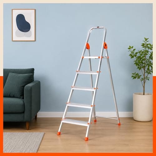 Bathla Safex 5-Step Aluminium Ladder for Home | 150 Kg Load Capacity | Anti-Slip Steps | Sure-Hinge Technology | Edge Guards | Foldable Design | 5 Year Warranty