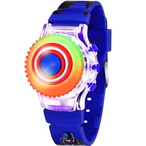 Shocknshop Nylon Digital Kid Children Cartoon Toy Rotating Top With Lights Watch For Boys -W104 (Blue), Multi-Color Dial, Black Band