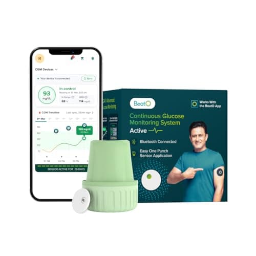 BeatO CGM Glucose Monitor for diabetes | Bluetooth Connected CGM Sugar Test Machine for home | 15-Day Glucose Tracking | No-Scan, One-Push Application(Pack of 1)