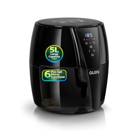 Glen Digital Air Fryer 5L, 1500W Large Airfryer with 6 Pre-Set Function, Non-Stick Basket, Auto Sleep & Shut Off, Timer & Temperature Control, Bake Fry Roast & Grill with Less Oil - Black (SA3041DIGI)