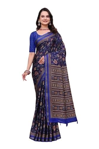 Women's Printed Saree with Decorative Border Ethnic Traditional Saree for Women Festive Party Casual Wear Saree with Unstitched Blouse Piece (ink blue)