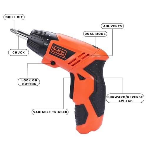 BLACK+DECKER KC4815 4.8V 200 RPM Cordless Screwdriver Set Ni-Cd (Nickel-Cadmium) with LED Worklight, 15-pieces Screw Bits Set & Adjustable Torque for Home & DIY Use, 1 Year Warranty, ORANGE & BLACK 3