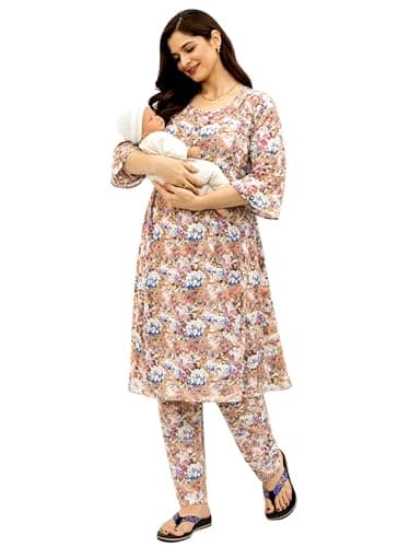 RITIJYA Polyester Feeding Kurta Pant Set for Women | Floral Anarkali Pregnancy Dress with Concealed Nursing Zipper Side Pocket | Pre & Post Partum | Maternity Baby Shower Outfit(9325_42, Pink Peach)
