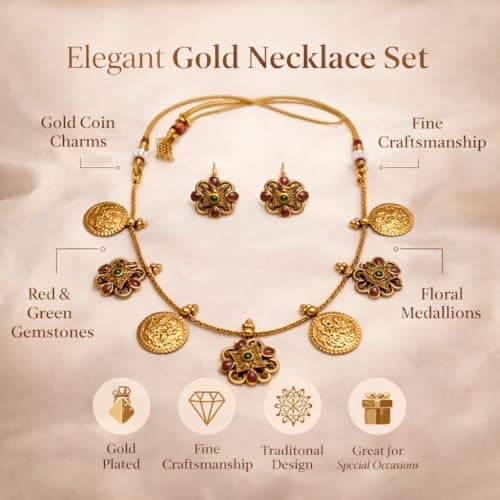 Dvina Glow South Indian Temple Coin Necklace Set for Women | Antique Gold Plated Coin Choker Haram with Floral Stone Stud Earrings | Traditional Bridal Festive Jewellery for Saree, Lehenga, Wedding 3