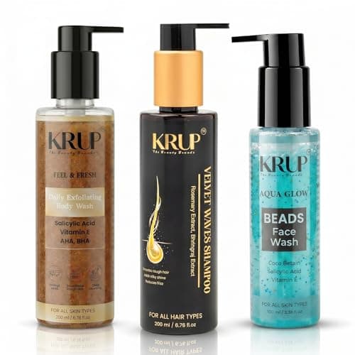 KRUP 3-in-1 Ultimate Grooming Kit | Anti-Dandruff Shampoo (200ml), Exfoliating Body Wash (200ml) & Aqua Glow Face Wash (100ml) | Complete Hair, Body & Face Skincare Combo | Paraben Free