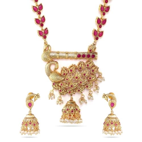 Rubans Women Gold-Plated Pink Handcrafted Faux Ruby Studded Jewellery Set