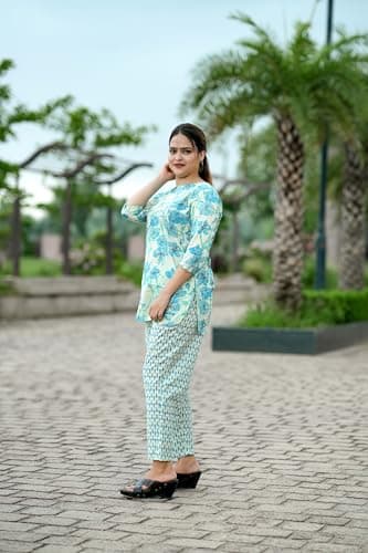 NIVAANI Cotton Night Suit Set for Women – Soft Sleepwear with Shorts | Short Nightwear Set | Comfortable Cotton Pajama Set for Ladies | Summer Night Dress (Blue Rose, M) 3