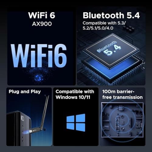 ARVOX AX900 900 Mbps WiFi 6 + Bluetooth 5.4 Wireless Network USB Adapter for Desktop PC with 2.4Ghz/5Ghz High Gain Dual Band 5 Dbi Antenna Wi-Fi, Supports Windows 11/10 MU-MIMO WPA3 OFDMA 2