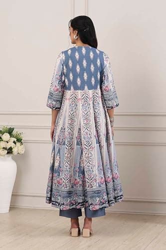 Biba Women Blue Cotton Anarkali Suit Set_34 5