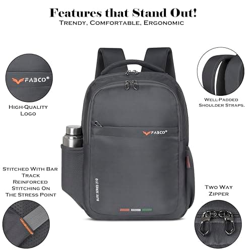FABCO S 210 Backpack Bag for Men and Women with 3 Compartments and 1 Front Pocket Soft Padded Back Laptop Compartment Organizer Pocket School College Office Travel Backpack Grey 4