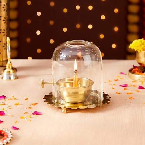 Amazon Brand Solimo - Brass Akhand Jyot Diya with Adjustable Wick Knob & Glass Cover | Large Size – 13.5 x 13.5 x 13.5 cm | Handcrafted Oil Lamp for Home & Pooja Room