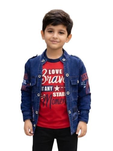 FASHION GRAB Boys Festive & Casual Denim Jacket with Printed T-Shirt Set