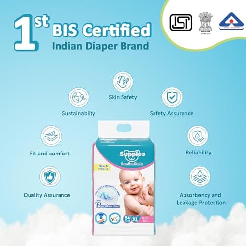 Amazon Brand - Supples Premium Baby Diaper Pants | 54 Baby Diapers | XL | 12-17 Kg | 12 Hrs Absorption | Cushiony Cotton Soft Fabric | Phthalates-Free | Triple Leak Guard 6