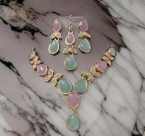Alloy Multi Stone Necklace Earrings Maangtika Set Adjustable Ethnic Jewellery Women Festive Multi Free Size 2