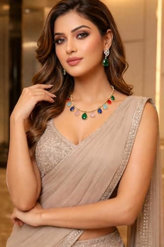 Dvina Glow Multicolor Teardrop Necklace Set for Women | Gold Plated American Diamond Jewelry Set with Earrings | Bridal Wedding & Occasion Wear Jewellery | Festive Traditional Designer Necklace 4