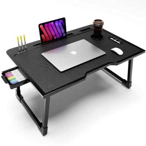 Mini Laptop Table for Bed Foldable Wooden Smart Study Table with Drawer New Kids & Adults (US Black Mold COTED)