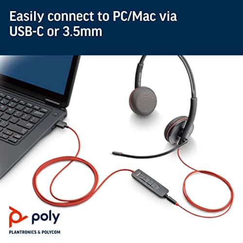 Poly by Plantronics - Blackwire 3225 USB-C Wired Headset - Dual-On Ear (Stereo) with Boom Mic - Connect to PC/Mac via USB-A or Mobile/Tablet via 3.5 mm Connector - Works with Teams, Zoom & More, Black 3