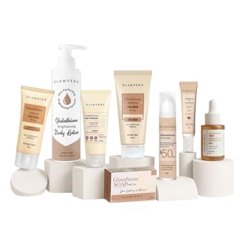 Glamveda Glutathione 8-Step Skin Brightening Skincare Routine Kit for Radiant, Even-Toned Skin | Face Wash, Peel-Off Mask, Serum, Face Cream, Sunscreen, Under Eye Cream, Bath Soap & Body Lotion