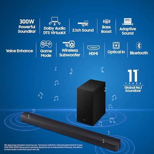 Samsung 300 W 2.1 ch Soundbar with Dolby Audio | DTS Virtual:X | Bass Boost | 3D surround sound | HDMI ARC | Optical In | Bluetooth | USB Music Playback | Wireless Subwoofer (HW-B45EF/XL, Titan Black) 2