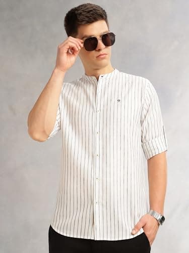 Thomas Scott Men's Slim Fit Cotton Linen Casual Shirt with Mandarin Collar | Vertical Stripes | Three-Quarter Roll-Up Sleeves (TS1381_Navy_S) 2