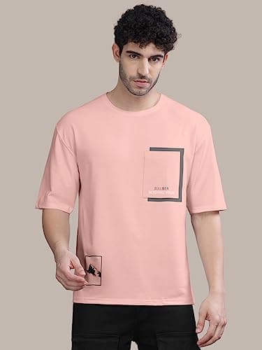 BULLMER Trendy Front Printed Oversized Round Neck T-Shirt for Men - Peach/Medium 4