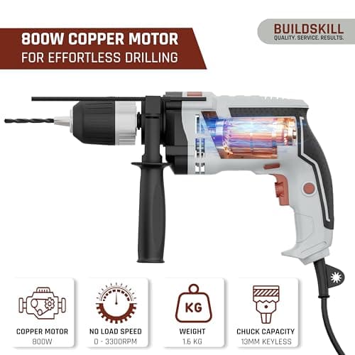 BUILDSKILL 800W Impact Drilling Machine for Home Use | 13MM Keyless Chuck | Copper Motor | 3300 RPM Variable Speed | Forward & Reverse | Drill Machine for Wall Drilling, Screwdriving & Impact Drilling 5